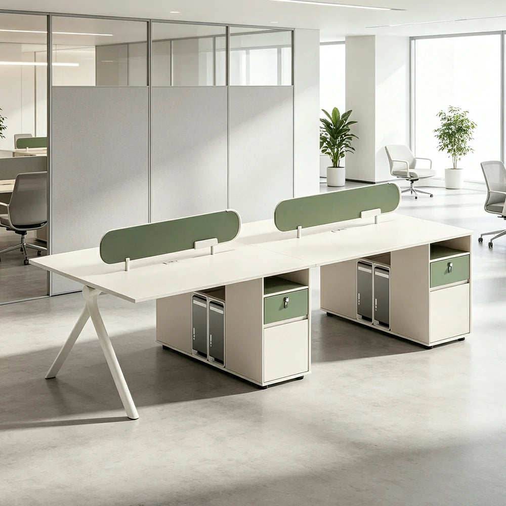 LUXORA 240/280cm 4 Person Office Workstation with Privacy Screens, Lockable Storage & Power Access - White & Green