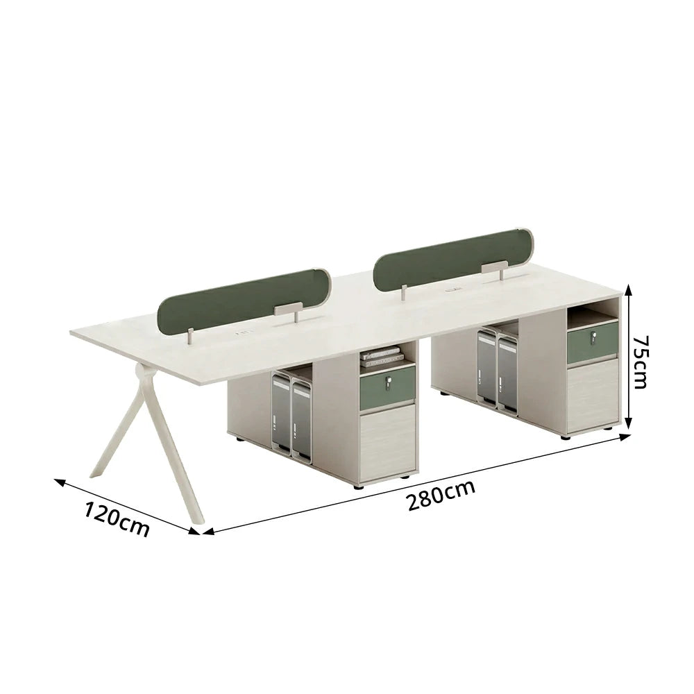 LUXORA 240/280cm 4 Person Office Workstation with Privacy Screens, Lockable Storage & Power Access - White & Green