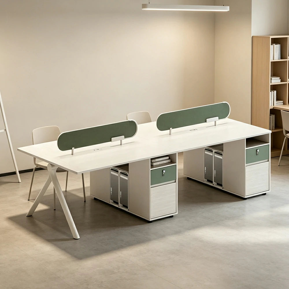 LUXORA 240/280cm 4 Person Office Workstation with Privacy Screens, Lockable Storage & Power Access - White & Green