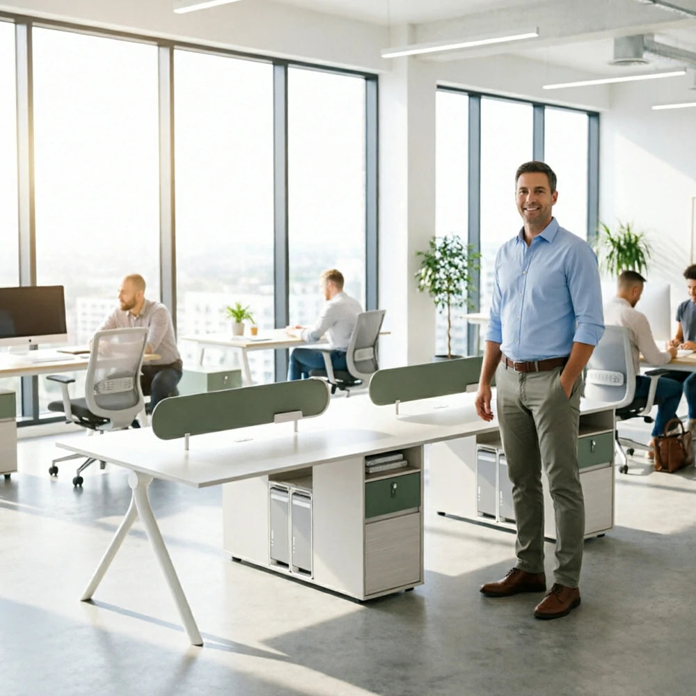 LUXORA 240/280cm 4 Person Office Workstation with Privacy Screens, Lockable Storage & Power Access - White & Green