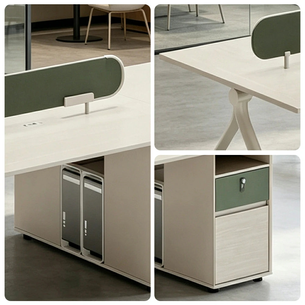 LUXORA 240/280cm 4 Person Office Workstation with Privacy Screens, Lockable Storage & Power Access - White & Green