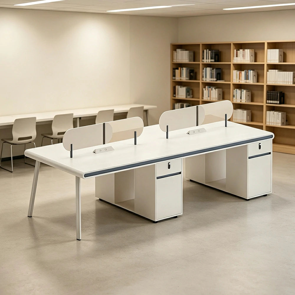 LUXORA 245/285cm 4 Person Office Workstation with E0 Grade Desktop, Privacy Screens, Power Access & Lockable Cabinets - White & Beige
