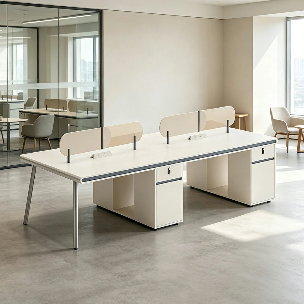 LUXORA 245/285cm 4 Person Office Workstation with E0 Grade Desktop, Privacy Screens, Power Access & Lockable Cabinets - White & Beige