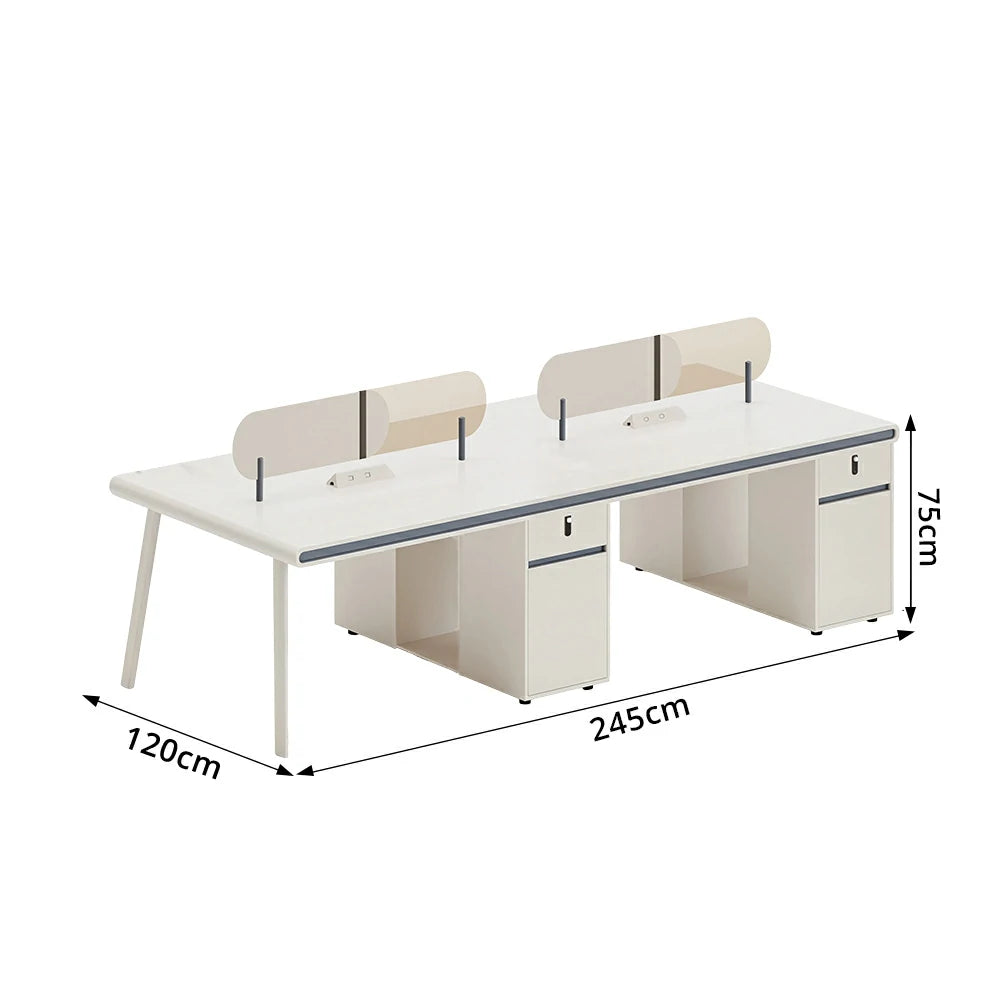 LUXORA 245/285cm 4 Person Office Workstation with E0 Grade Desktop, Privacy Screens, Power Access & Lockable Cabinets - White & Beige