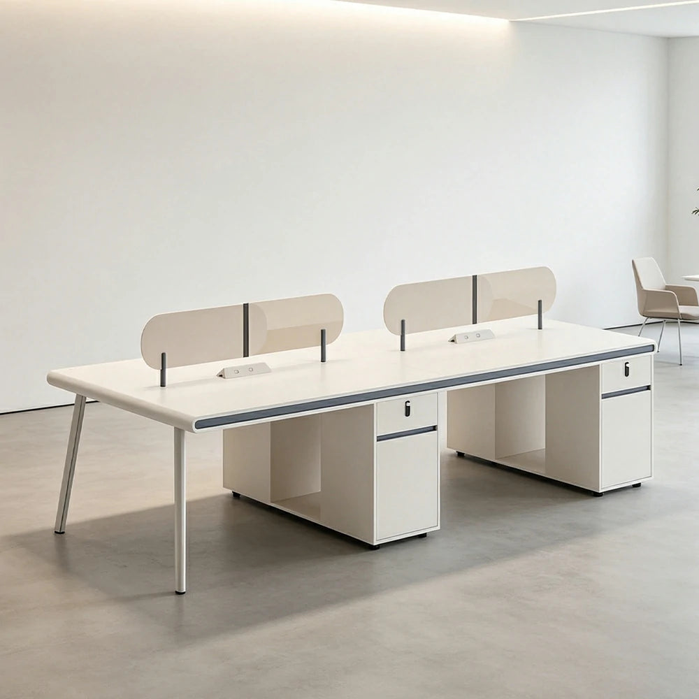 LUXORA 245/285cm 4 Person Office Workstation with E0 Grade Desktop, Privacy Screens, Power Access & Lockable Cabinets - White & Beige