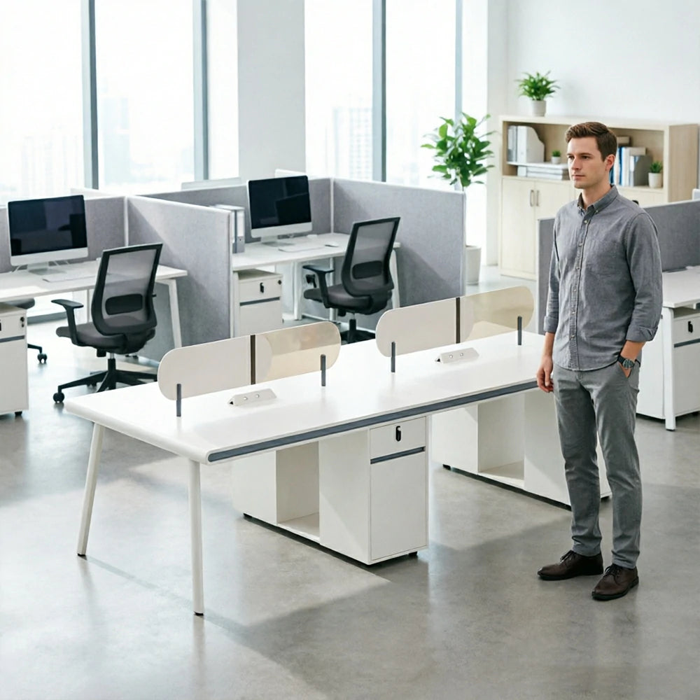LUXORA 245/285cm 4 Person Office Workstation with E0 Grade Desktop, Privacy Screens, Power Access & Lockable Cabinets - White & Beige