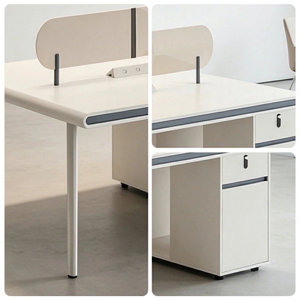 LUXORA 245/285cm 4 Person Office Workstation with E0 Grade Desktop, Privacy Screens, Power Access & Lockable Cabinets - White & Beige