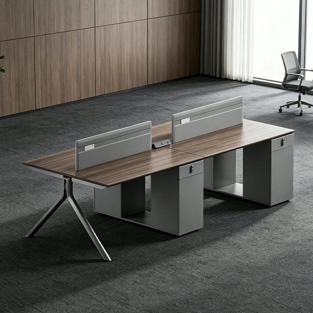 LUXORA 240/280cm 4 Person Office Workstation with E0 Grade Desktop, Privacy Screens, Power Access & Lockable Storage - Grey & Walnut