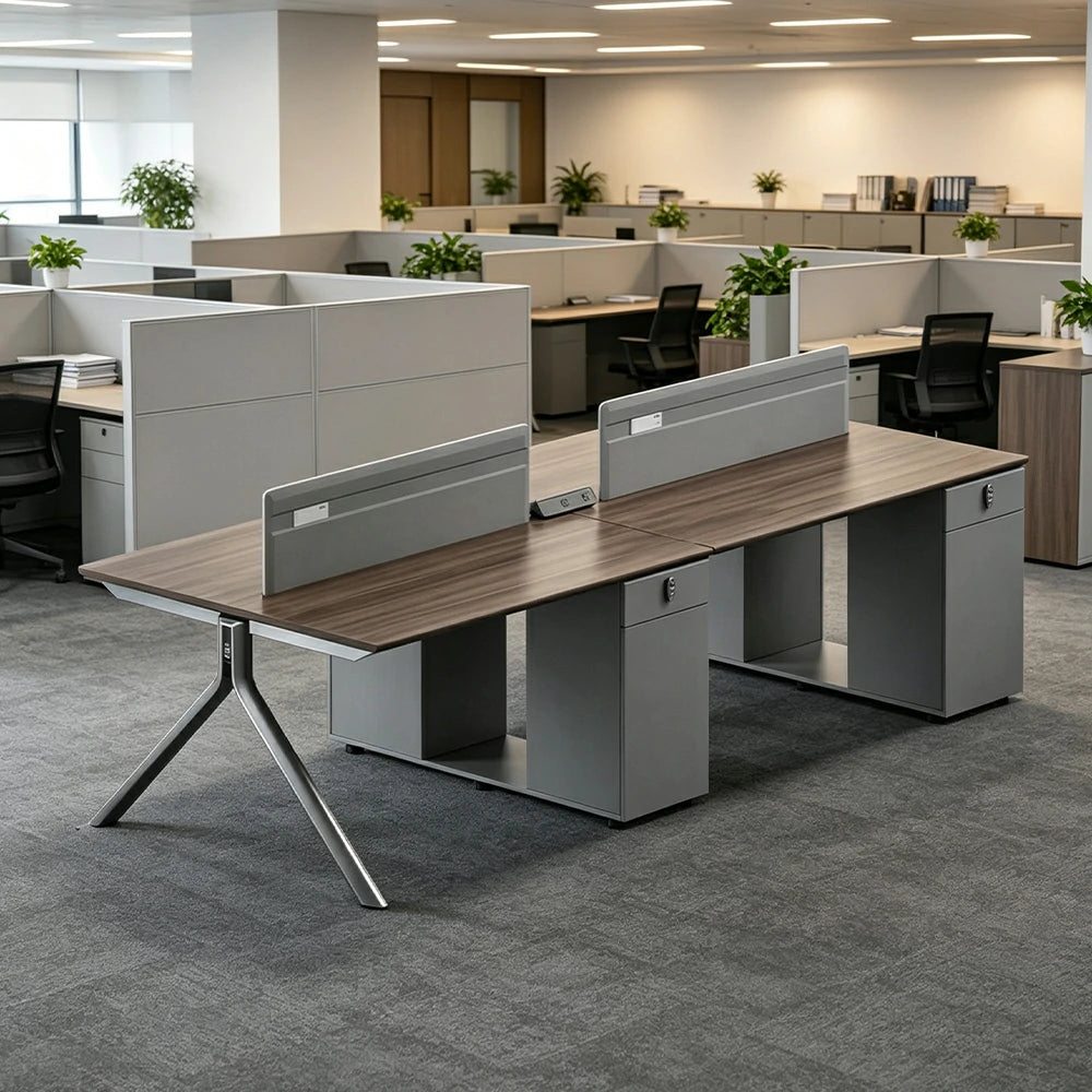 LUXORA 240/280cm 4 Person Office Workstation with E0 Grade Desktop, Privacy Screens, Power Access & Lockable Storage - Grey & Walnut