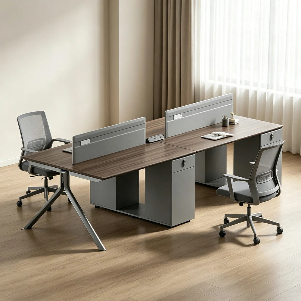 LUXORA 240/280cm 4 Person Office Workstation with E0 Grade Desktop, Privacy Screens, Power Access & Lockable Storage - Grey & Walnut