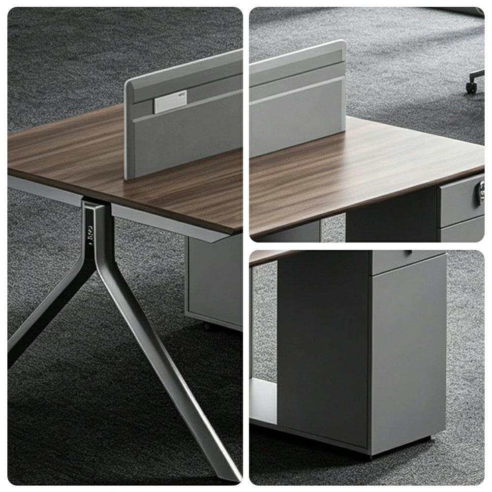 LUXORA 240/280cm 4 Person Office Workstation with E0 Grade Desktop, Privacy Screens, Power Access & Lockable Storage - Grey & Walnut