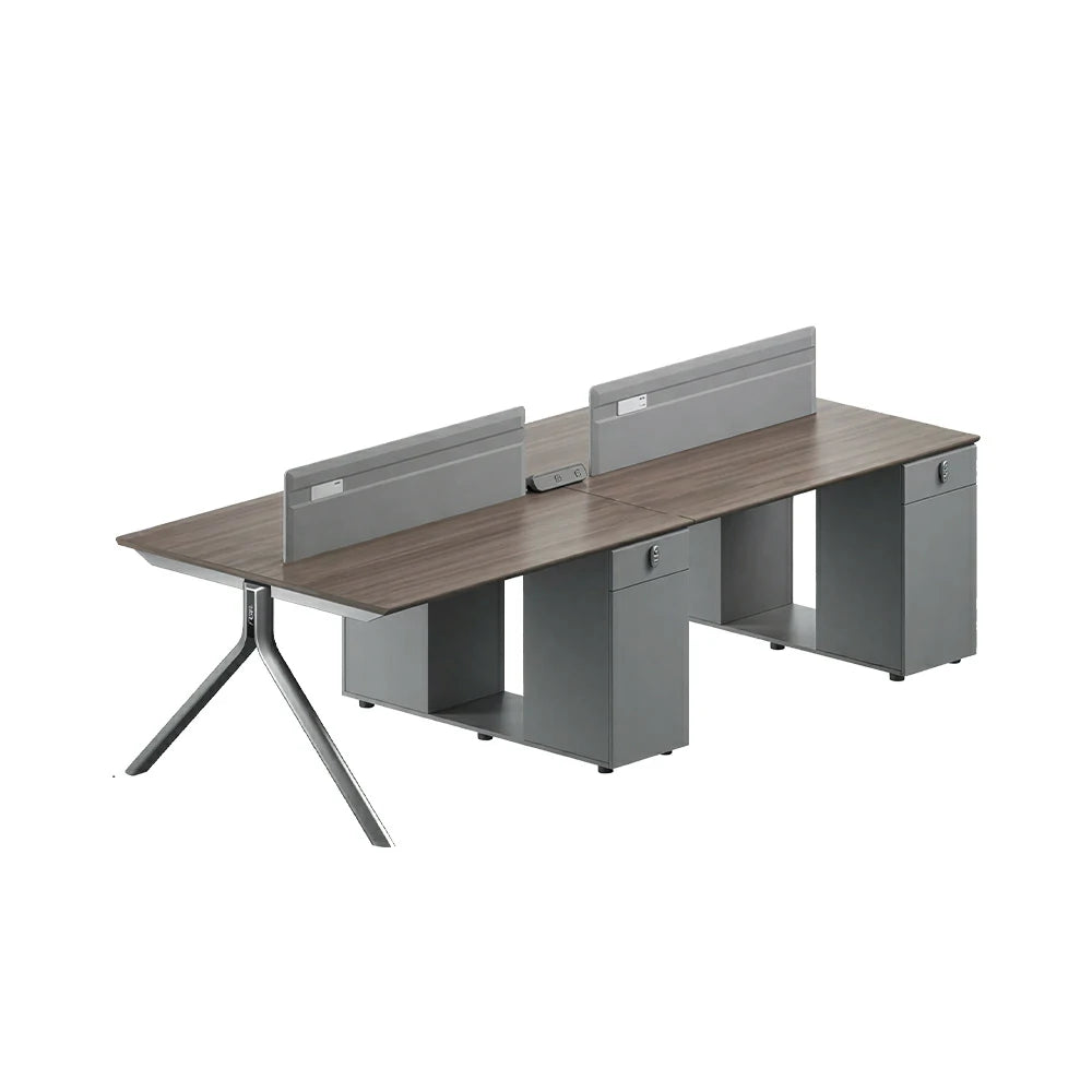 LUXORA 240/280cm 4 Person Office Workstation with E0 Grade Desktop, Privacy Screens, Power Access & Lockable Storage - Grey & Walnut