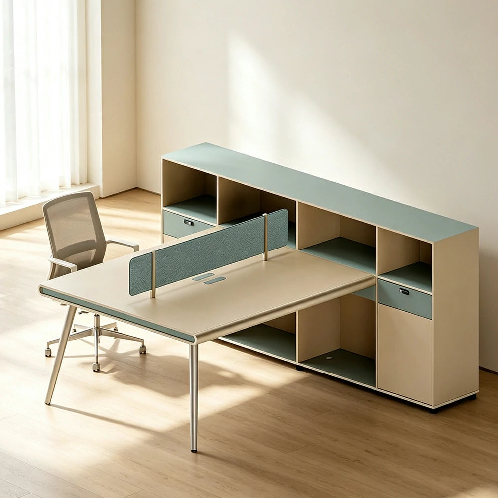 LUXORA 160cm 2 Person Office Workstation with Thick Desktop, Solid Wood Legs, Privacy Screen & Large Storage Cabinet - Natural Wood & Green