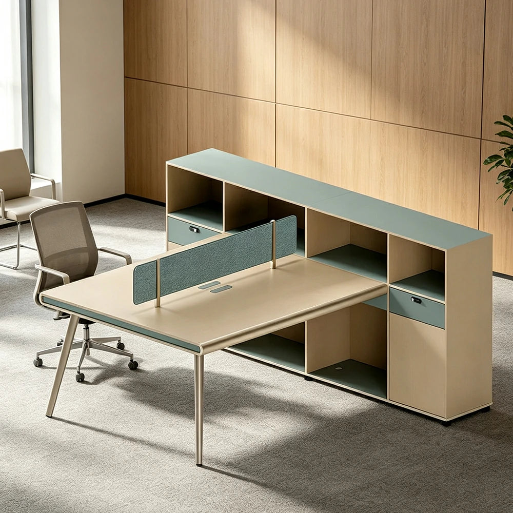 LUXORA 160cm 2 Person Office Workstation with Thick Desktop, Solid Wood Legs, Privacy Screen & Large Storage Cabinet - Natural Wood & Green