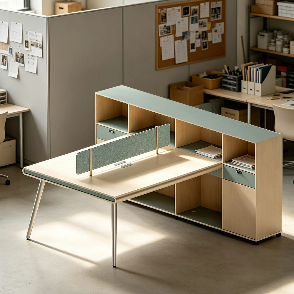 LUXORA 160cm 2 Person Office Workstation with Thick Desktop, Solid Wood Legs, Privacy Screen & Large Storage Cabinet - Natural Wood & Green