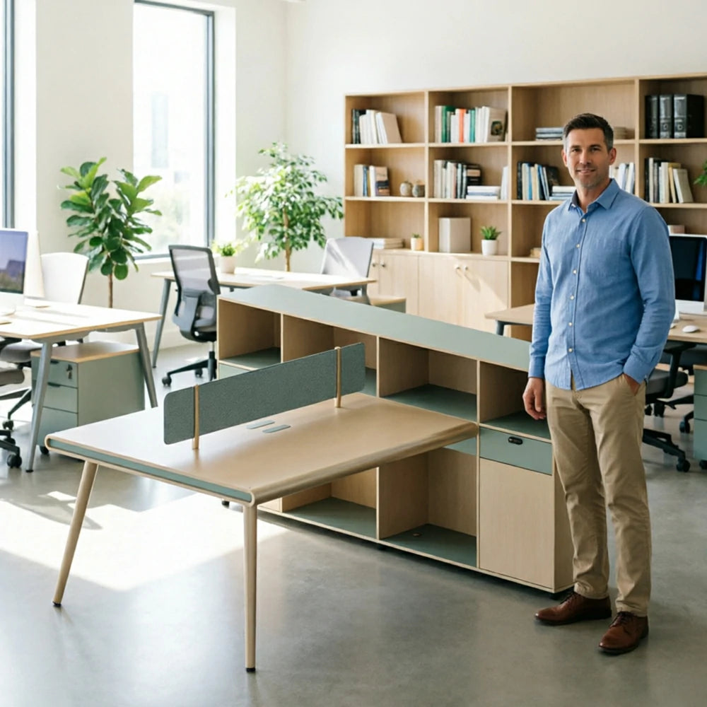 LUXORA 160cm 2 Person Office Workstation with Thick Desktop, Solid Wood Legs, Privacy Screen & Large Storage Cabinet - Natural Wood & Green