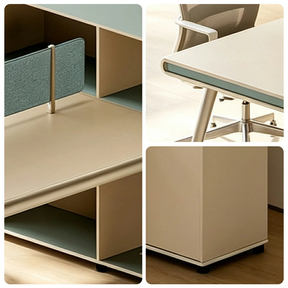 LUXORA 160cm 2 Person Office Workstation with Thick Desktop, Solid Wood Legs, Privacy Screen & Large Storage Cabinet - Natural Wood & Green