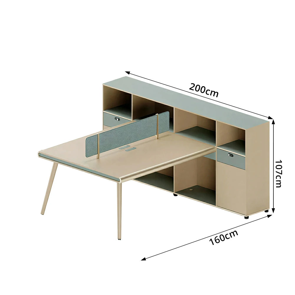 LUXORA 160cm 2 Person Office Workstation with Thick Desktop, Solid Wood Legs, Privacy Screen & Large Storage Cabinet - Natural Wood & Green