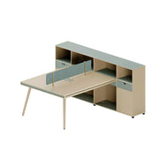 LUXORA 160cm 2 Person Office Workstation with Thick Desktop, Solid Wood Legs, Privacy Screen & Large Storage Cabinet - Natural Wood & Green