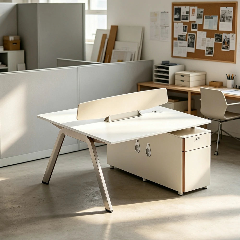 LUXORA 120cm 2 Person Office Workstation with E0 Certified Desktop, Privacy Screen, Power Access & Lockable Storage - Cream White & Light Coffee