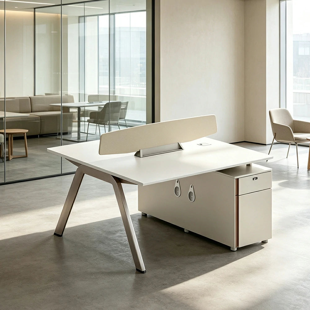 LUXORA 120cm 2 Person Office Workstation with E0 Certified Desktop, Privacy Screen, Power Access & Lockable Storage - Cream White & Light Coffee