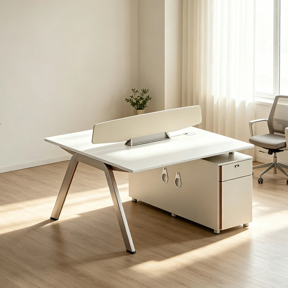 LUXORA 120cm 2 Person Office Workstation with E0 Certified Desktop, Privacy Screen, Power Access & Lockable Storage - Cream White & Light Coffee
