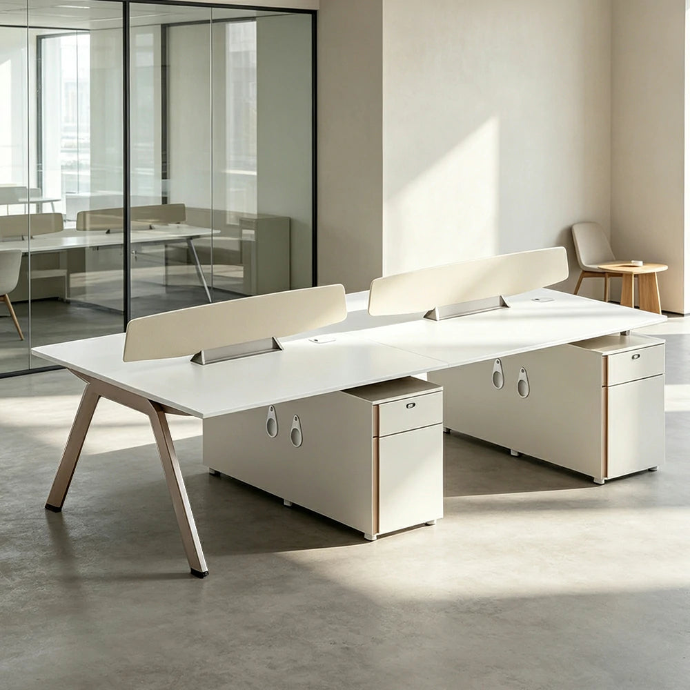 LIVARA 240cm 4 Person Office Workstation with E0 Certified Desktop, Privacy Screens, Power Access & Lockable Storage - Cream White & Light Coffee