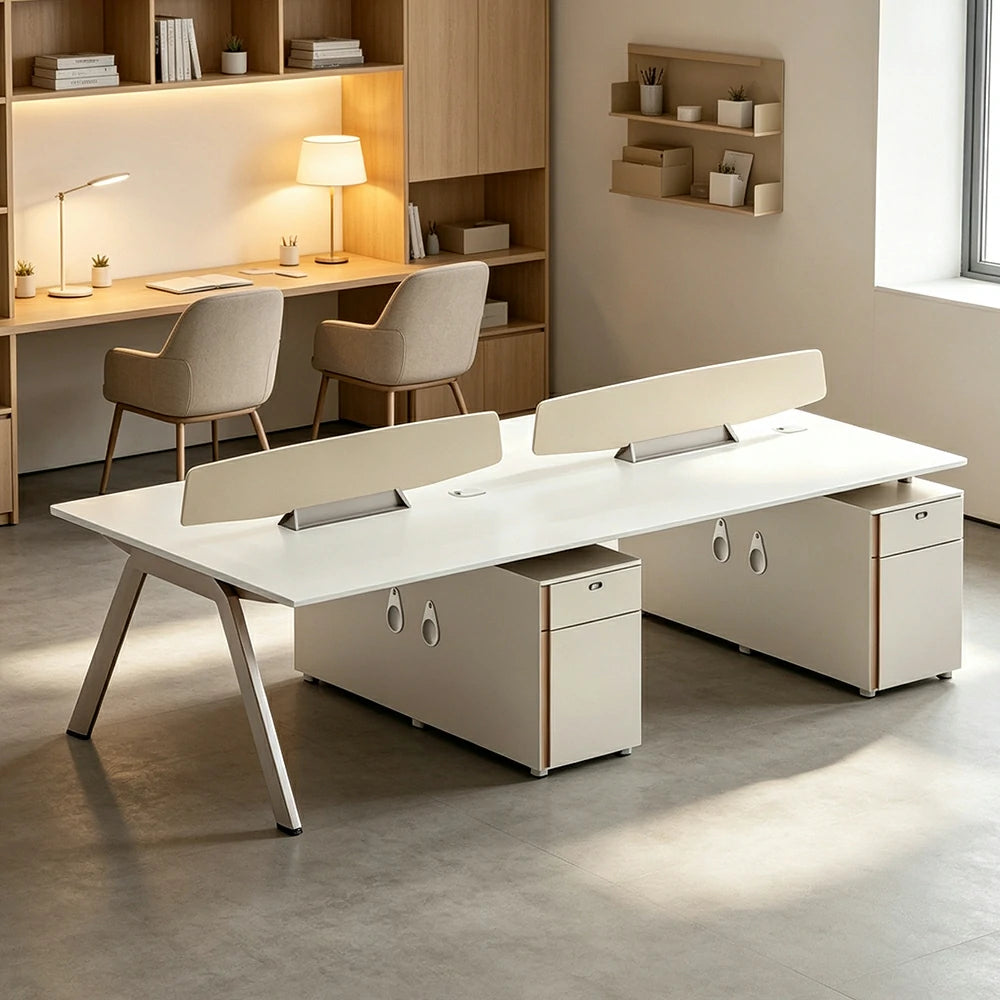LIVARA 240cm 4 Person Office Workstation with E0 Certified Desktop, Privacy Screens, Power Access & Lockable Storage - Cream White & Light Coffee
