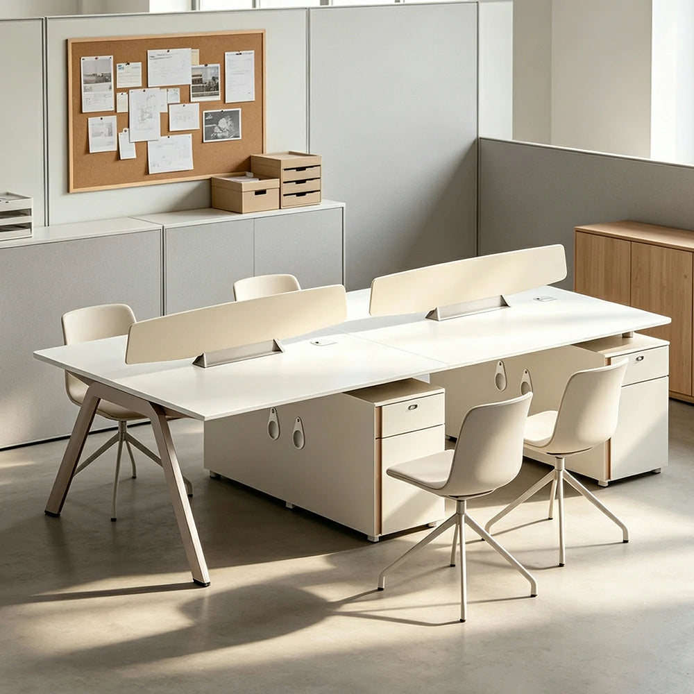 LIVARA 240cm 4 Person Office Workstation with E0 Certified Desktop, Privacy Screens, Power Access & Lockable Storage - Cream White & Light Coffee