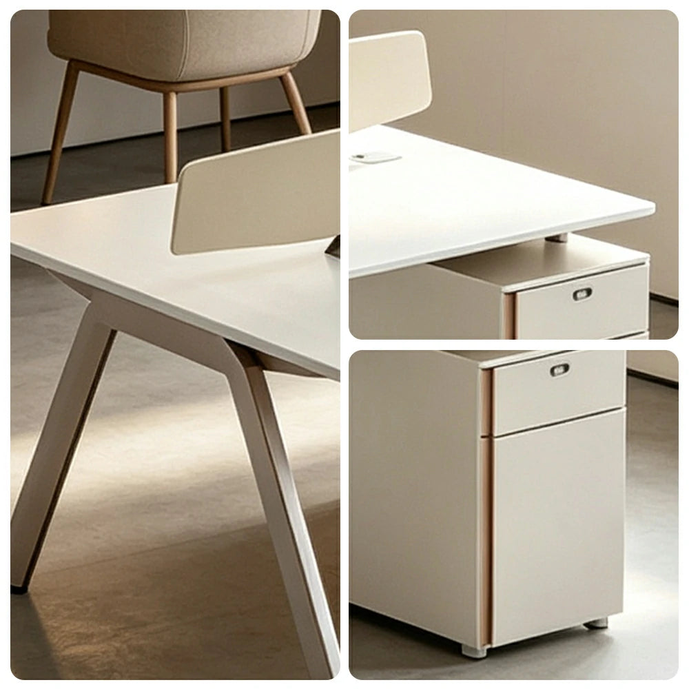 LIVARA 240cm 4 Person Office Workstation with E0 Certified Desktop, Privacy Screens, Power Access & Lockable Storage - Cream White & Light Coffee