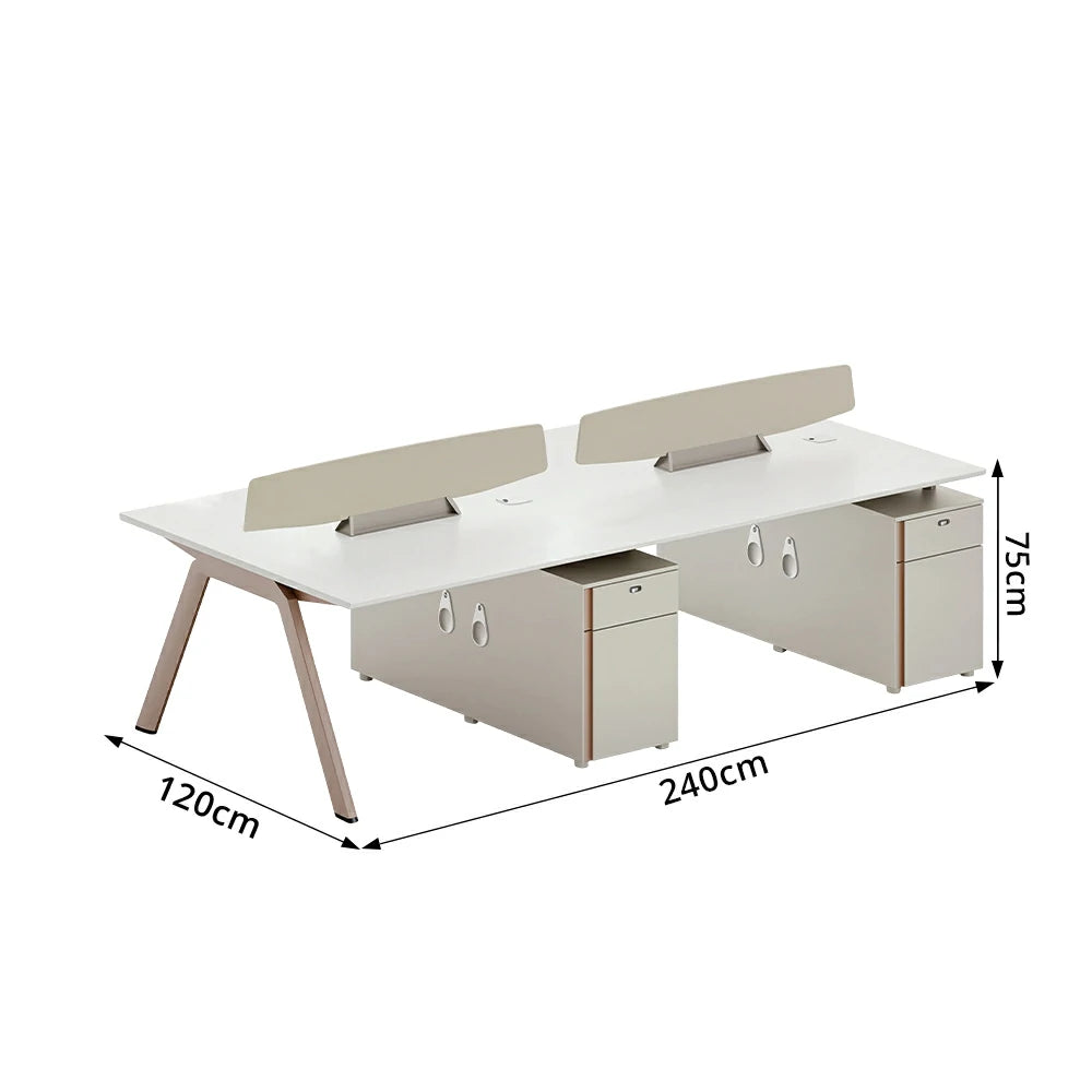 LIVARA 240cm 4 Person Office Workstation with E0 Certified Desktop, Privacy Screens, Power Access & Lockable Storage - Cream White & Light Coffee