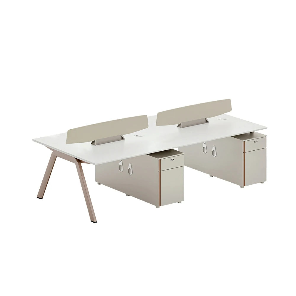 LIVARA 240cm 4 Person Office Workstation with E0 Certified Desktop, Privacy Screens, Power Access & Lockable Storage - Cream White & Light Coffee