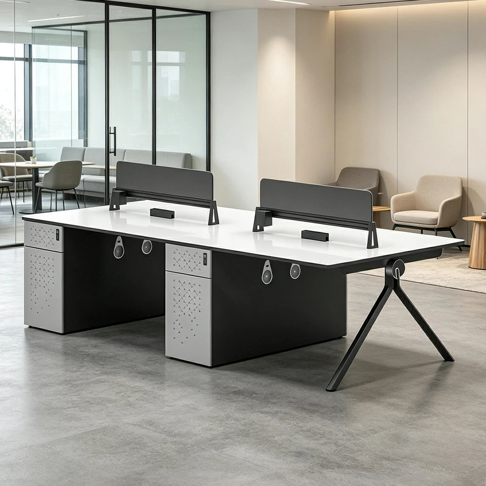 LUXORA 240/280cm 4 Person Office Workstation with E0 Desktop, Privacy Screens, Dual-Sided Power & Lockable Storage - Walnut & Grey