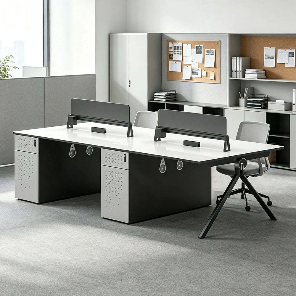 LUXORA 240/280cm 4 Person Office Workstation with E0 Desktop, Privacy Screens, Dual-Sided Power & Lockable Storage - Walnut & Grey
