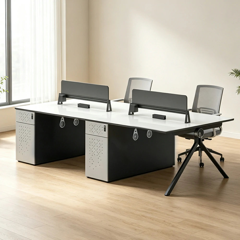 LUXORA 240/280cm 4 Person Office Workstation with E0 Desktop, Privacy Screens, Dual-Sided Power & Lockable Storage - Walnut & Grey