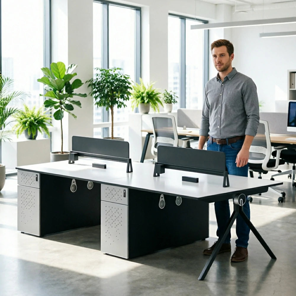 LUXORA 240/280cm 4 Person Office Workstation with E0 Desktop, Privacy Screens, Dual-Sided Power & Lockable Storage - Walnut & Grey