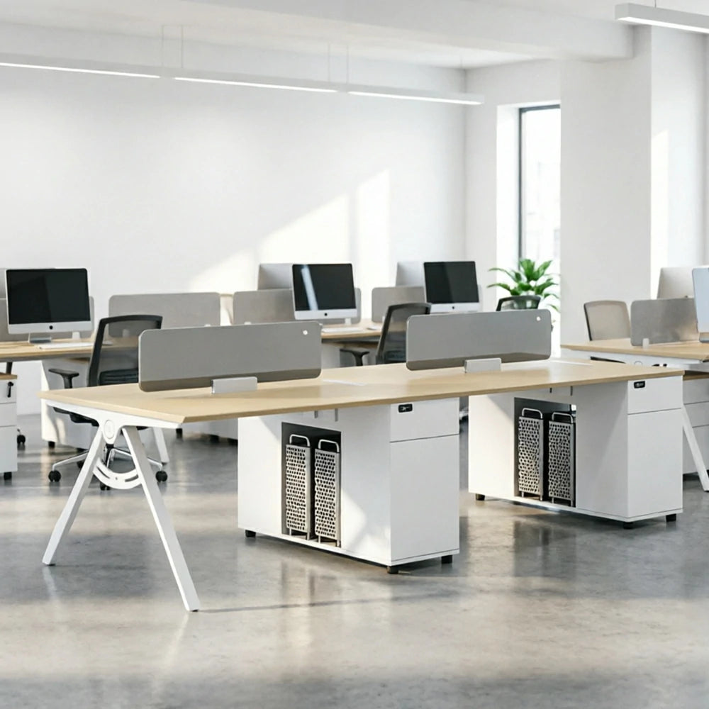 LUXORA 240/280cm 4-Person Office Workstation with E0 Desktop, Privacy Screens, Double-Sided Power Outlets & Lockable Storage - Walnut & Grey