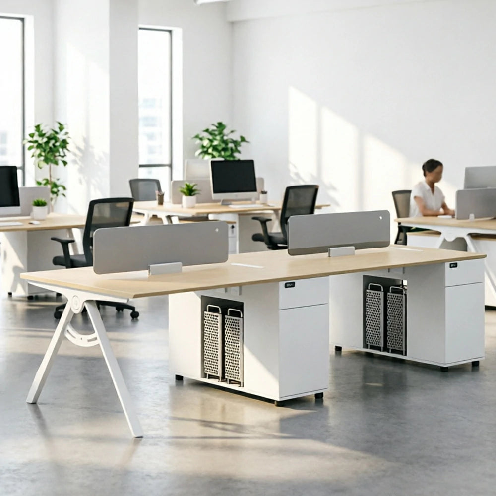 LUXORA 240/280cm 4-Person Office Workstation with E0 Desktop, Privacy Screens, Double-Sided Power Outlets & Lockable Storage - Walnut & Grey