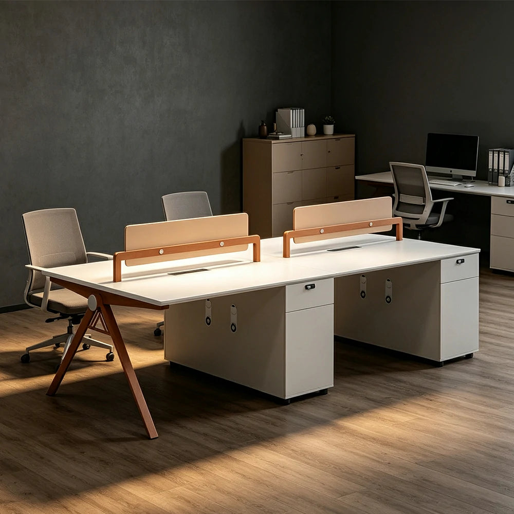 LUXORA 240cm 4-Person Office Workstation with Dual-Sided Power Outlets, E0 Desktop, Privacy Screens & Password Lock Storage - Oak & White
