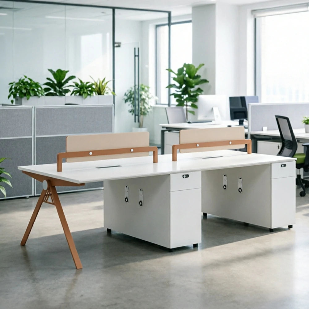 LUXORA 240cm 4-Person Office Workstation with Dual-Sided Power Outlets, E0 Desktop, Privacy Screens & Password Lock Storage - Oak & White