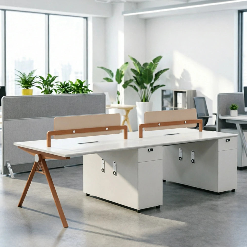 LUXORA 240cm 4-Person Office Workstation with Dual-Sided Power Outlets, E0 Desktop, Privacy Screens & Password Lock Storage - Oak & White