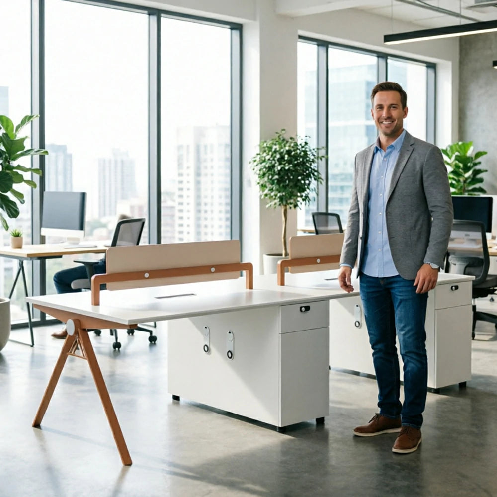 LUXORA 240cm 4-Person Office Workstation with Dual-Sided Power Outlets, E0 Desktop, Privacy Screens & Password Lock Storage - Oak & White
