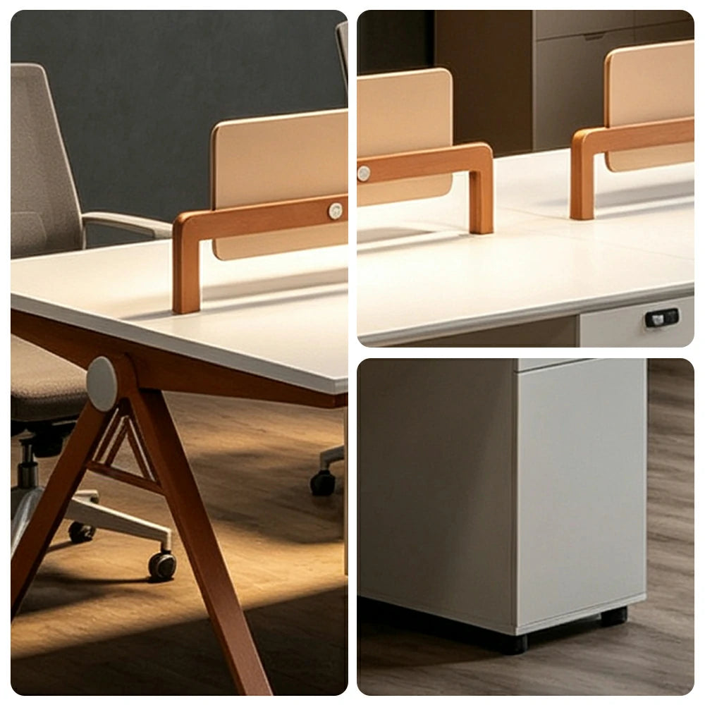LUXORA 240cm 4-Person Office Workstation with Dual-Sided Power Outlets, E0 Desktop, Privacy Screens & Password Lock Storage - Oak & White