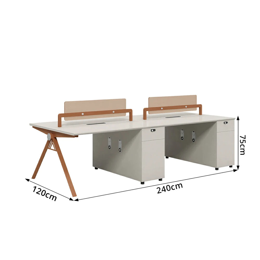 LUXORA 240cm 4-Person Office Workstation with Dual-Sided Power Outlets, E0 Desktop, Privacy Screens & Password Lock Storage - Oak & White