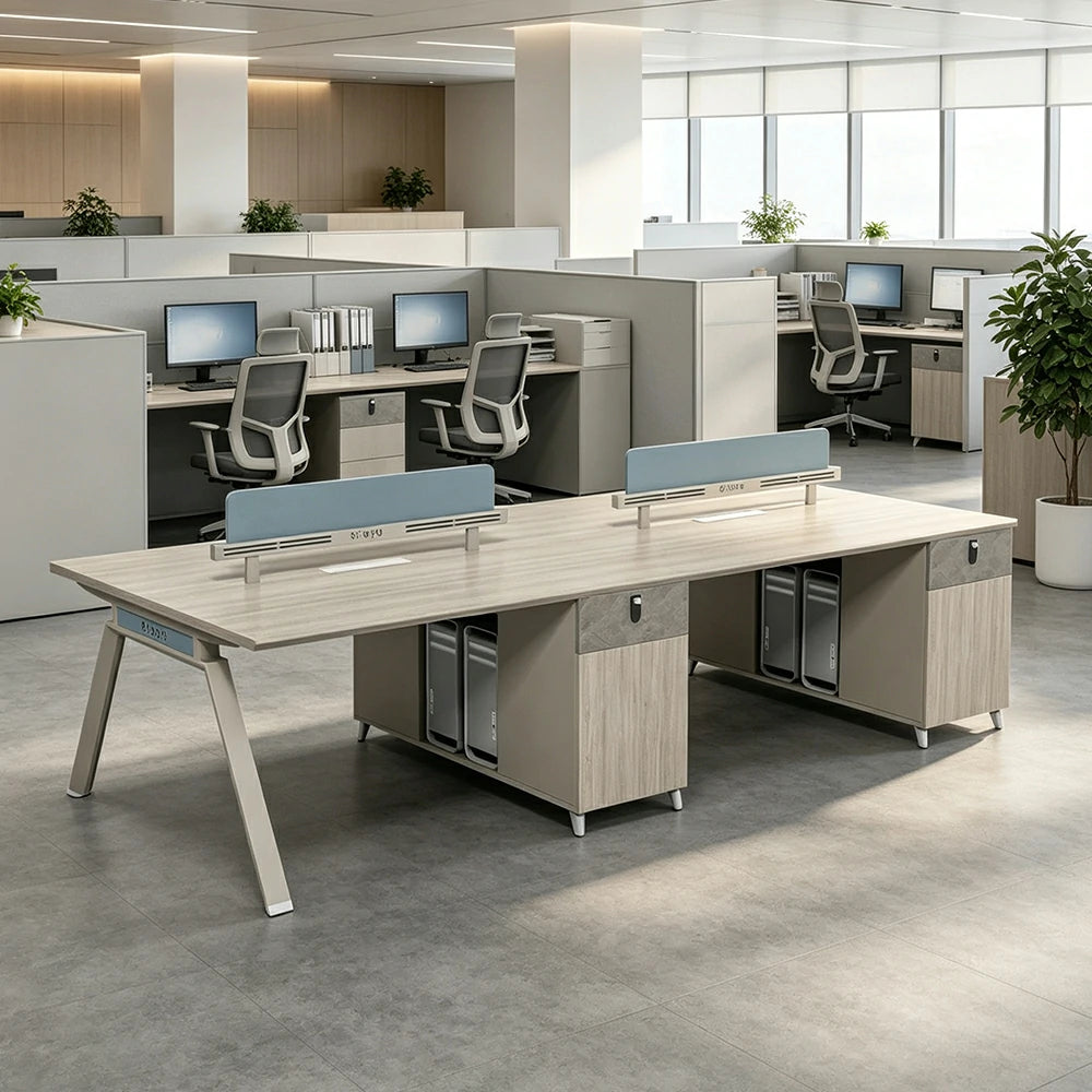 LUXORA 240/280cm 4-Person Office Workstation with Dual-Sided Power Outlets, E0 Desktop, Privacy Screens & Password Lock Storage - Oak & White