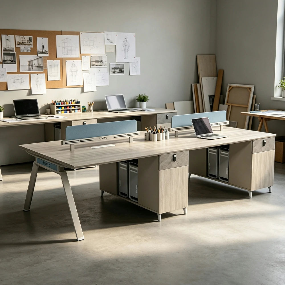 LUXORA 240/280cm 4-Person Office Workstation with Dual-Sided Power Outlets, E0 Desktop, Privacy Screens & Password Lock Storage - Oak & White