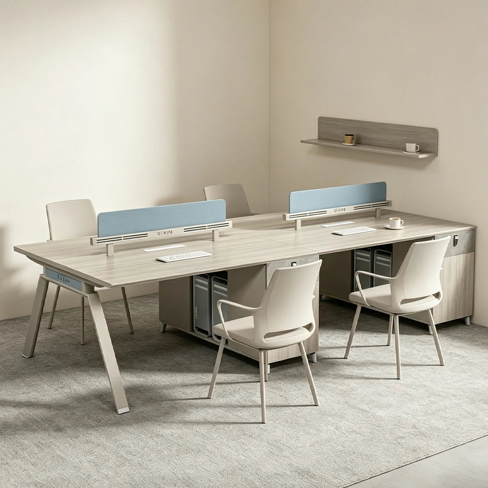 LUXORA 240/280cm 4-Person Office Workstation with Dual-Sided Power Outlets, E0 Desktop, Privacy Screens & Password Lock Storage - Oak & White