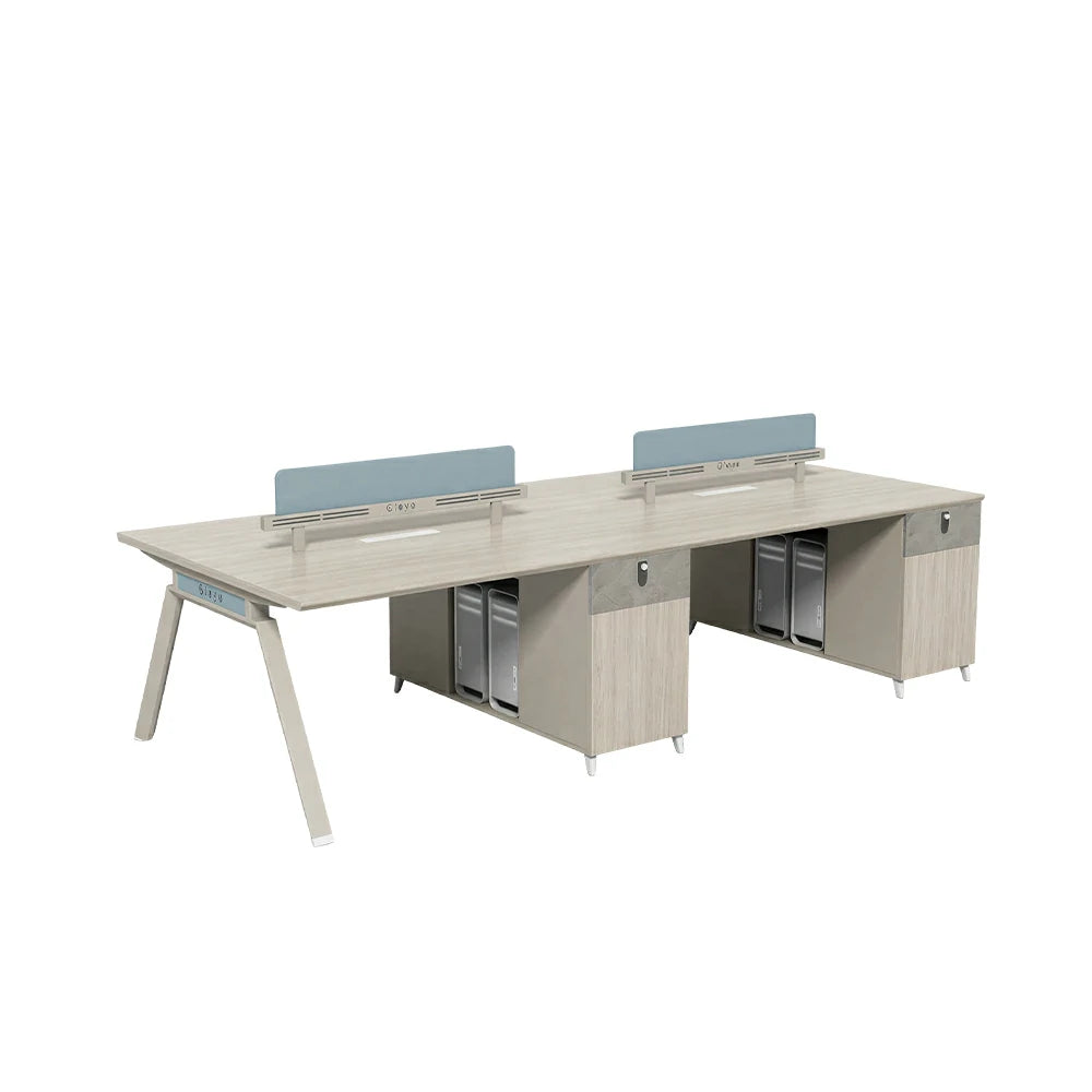 LUXORA 240/280cm 4-Person Office Workstation with Dual-Sided Power Outlets, E0 Desktop, Privacy Screens & Password Lock Storage - Oak & White