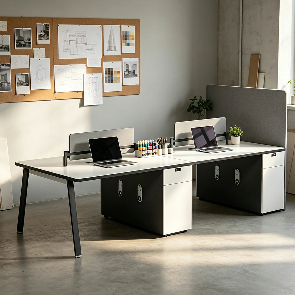 LUXORA 240/280cm 4-Person Office Workstation with E0 Desktop, Acoustic Privacy Screens, Dual-Sided Power & Password Lock Storage - White