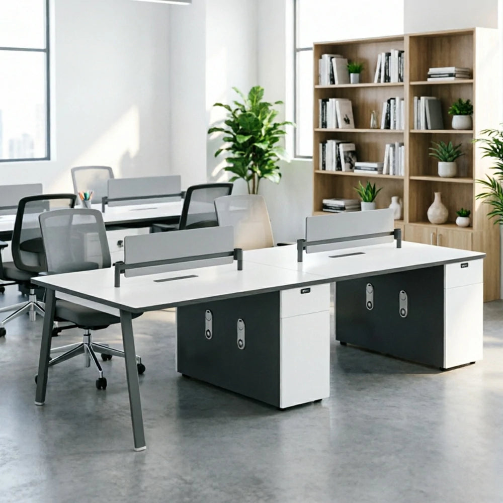 LUXORA 240/280cm 4-Person Office Workstation with E0 Desktop, Acoustic Privacy Screens, Dual-Sided Power & Password Lock Storage - White